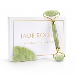 Роликовый массажёр для лица скребок ГуаШа в коробке из обсидиана JADE ROLLER в коробке зелёный